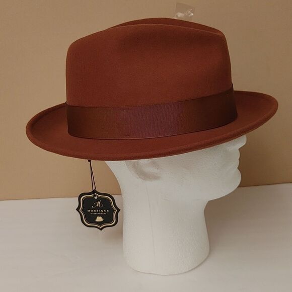 MEN'S MONTIQUE COGNAC LIGHT FELT 2 1/2" WIDE BRIM PINCH FEDORA HAT. H60 - Picture 3 of 8